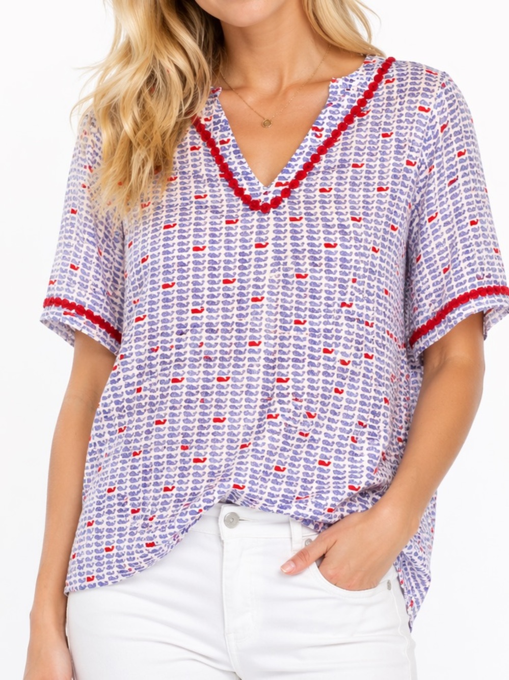 EUC Girls Vineyard Vines Size Large Tunic Top Red and Blue Patterned Blouse